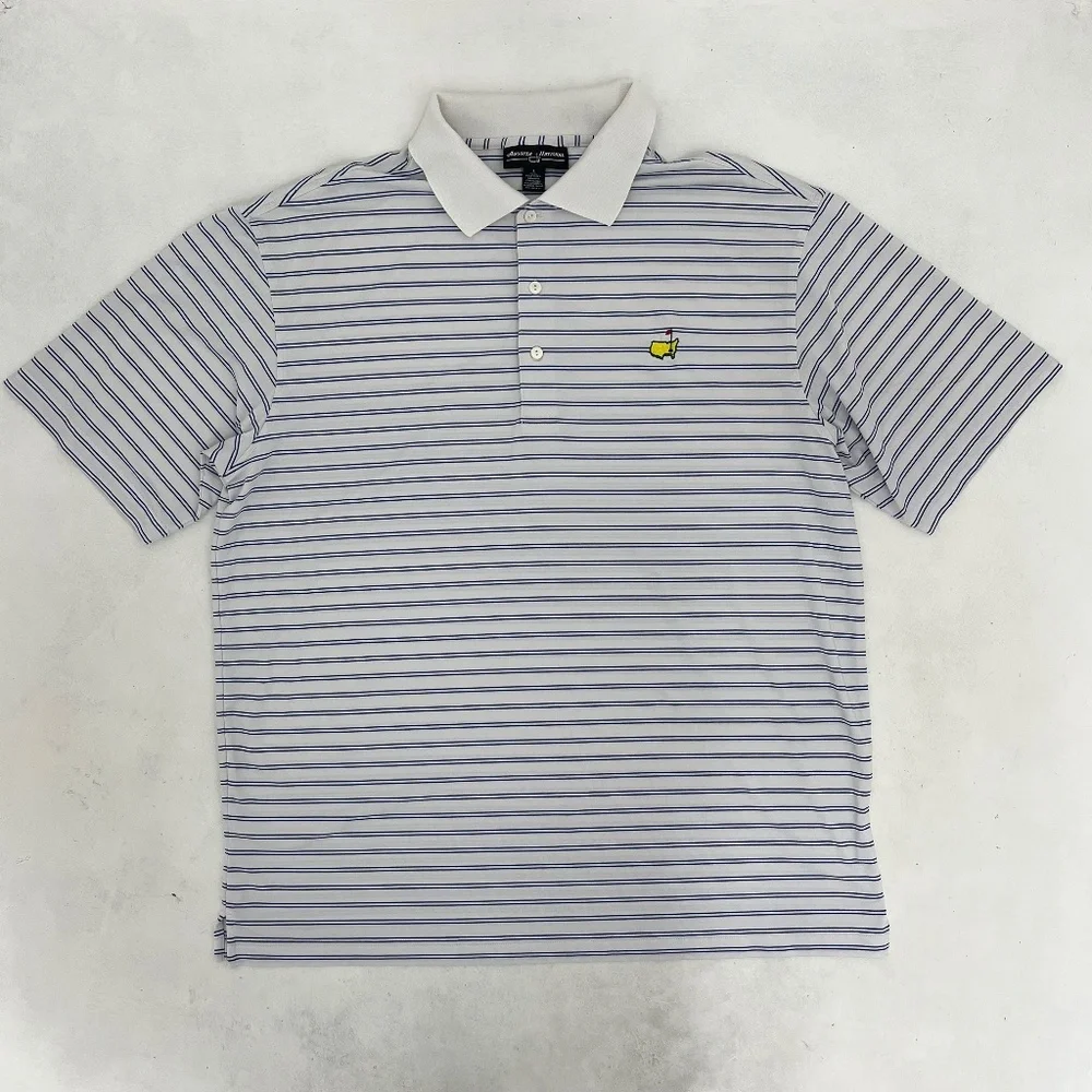 Augusta National Mens Size L Golf Polo Shirt White Blue Striped Short Sleeve - Picture 1 of 7